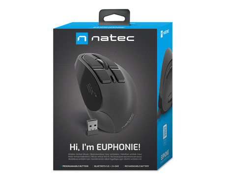 Natec EUPHONIE vertikalna brezžična miška, 2400DPI, ergonomska, Bluetooth / USB 2.4GHz, 9 gumbov, polnilna baterija, OLED zaslon, črna