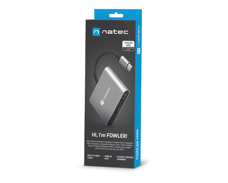 Natec FOWLER MINI adapter USB hub, 1x USB-A 3.0, 1x HDMI, 1x USB-C, max 4K UHD, 5GB/s, Plug&Play, Power Delivery, 60W, siv