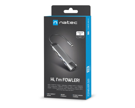 Natec FOWLER GO adapter USB hub, 2x USB-A 3.0, 1x HDMI, 1x Ethernet RJ-45, 1x USB-C, max 4K UHD, 5 GB/s, Plug&Play, Power Delivery 3.0, 100W, siv