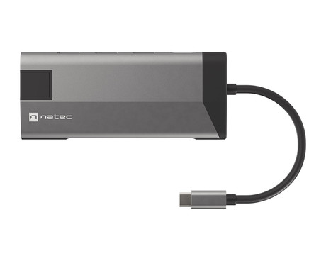 Natec FOWLER PLUS adapter USB hub, 3x USB-A 3.0, 1x HDMI, 1x Ethernet RJ-45, 1x USB-C, 1x SD/microSD, max 4K UHD, 5 GB/s, Plug&Play, Power Delivery 3.0, 100W, siv