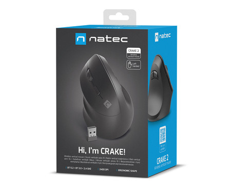 Natec CRAKE 2 vertikalna brezžična miška, 2400DPI, ergonomska, Bluetooth / USB 2.4GHz, 6 gumbov, za levičarje, 1x AA baterija, črna