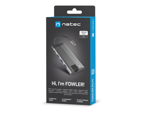 Natec FOWLER PLUS adapter USB hub, 3x USB-A 3.0, 1x HDMI, 1x Ethernet RJ-45, 1x USB-C, 1x SD/microSD, max 4K UHD, 5 GB/s, Plug&Play, Power Delivery 3.0, 100W, siv