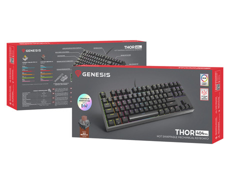 GENESIS THOR 404 TKL gaming tipkovnica, mehanska, RGB LED osvetlitev, tehnologija Hot-Swap, funkcija N-Key Rollover, programska oprema, vgrajen pomnilnik, F1-F12, črna