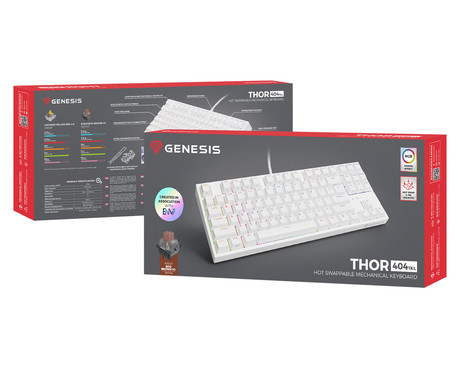 GENESIS THOR 404 TKL gaming tipkovnica, mehanska, RGB LED osvetlitev, tehnologija Hot-Swap, funkcija N-Key Rollover, programska oprema, vgrajen pomnilnik, F1-F12, bela