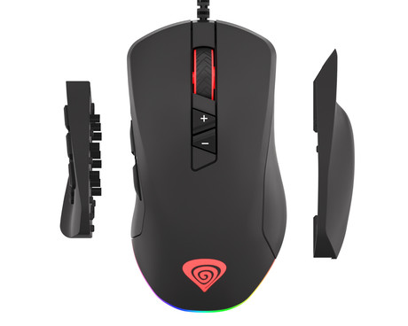 GENESIS Xenon 770 gaming optična miška, 10200DPI, RGB LED osvetlitev, 14 tipk, 2v1, zamenljiva plošča, vgrajen spomin, programska oprema, črna