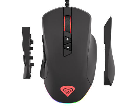 GENESIS Xenon 770 gaming optična miška, 10200DPI, RGB LED osvetlitev, 14 tipk, 2v1, zamenljiva plošča, vgrajen spomin, programska oprema, črna