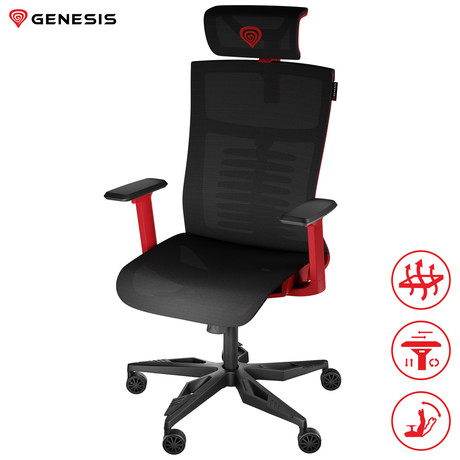 GENESIS ASTAT 700 gaming / pisarniški stol, ergonomski, tehnologija PureFlowPLUS™, konstrukcija ExoBase™, kolesa CareGlide™, nastavljiva višina / naklon, črn-rdeč