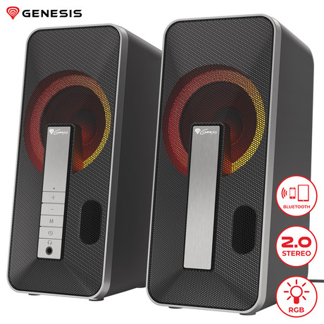 GENESIS HELIUM 100BT RGB računalniški zvočniki, STEREO 2.0, 10W RMS, RGB LED osvetlitev, 3.5mm audio jack, Bluetooth 5.0, gumbi za upravljanje