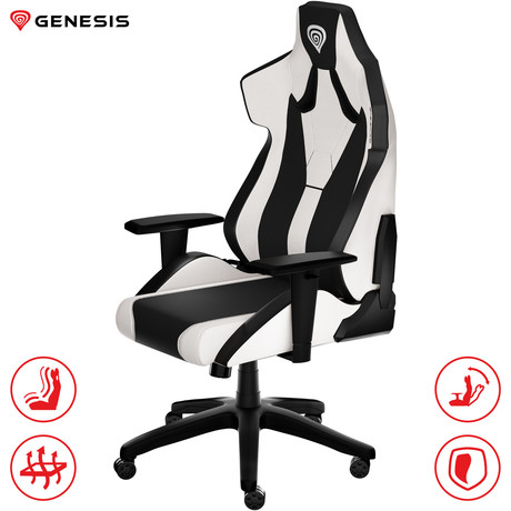 GENESIS gaming stol NITRO 650, ergonomski, nastavljiv naklon, funkcija zibanja, belo-črn (Howlite White)