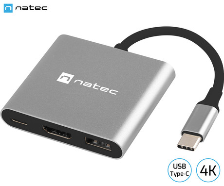 Natec FOWLER MINI adapter USB hub, 1x USB-A 3.0, 1x HDMI, 1x USB-C, max 4K UHD, 5GB/s, Plug&Play, Power Delivery, 60W, siv