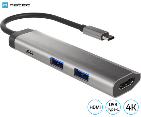 Natec FOWLER SLIM adapter USB hub, 2x USB-A 3.0, 1x HDMI, 1x USB-C, max 4K UHD, 5GB/s, Plug&Play, Power Delivery 3.0, 100W, siv