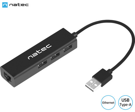 Natec DRAGONFLY adapter USB hub, 3x USB-A 2.0, 1x Ethernet RJ-45, 480MB/s, Plug&Play, črn