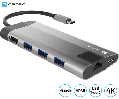 Natec FOWLER PLUS adapter USB hub, 3x USB-A 3.0, 1x HDMI, 1x Ethernet RJ-45, 1x USB-C, 1x SD/microSD, max 4K UHD, 5 GB/s, Plug&Play, Power Delivery 3.0, 100W, siv