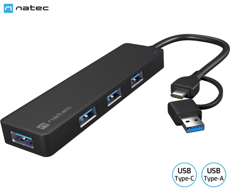 Natec MAYFLY adapter USB hub, 4x USB-A 3.0, USB-C ali USB-A konektor, 5 GB/s, Plug&Play, črn