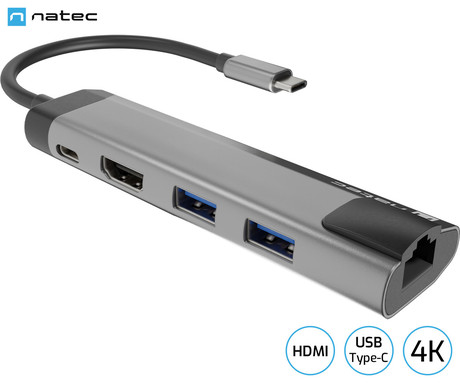 Natec FOWLER GO adapter USB hub, 2x USB-A 3.0, 1x HDMI, 1x Ethernet RJ-45, 1x USB-C, max 4K UHD, 5 GB/s, Plug&Play, Power Delivery 3.0, 100W, siv