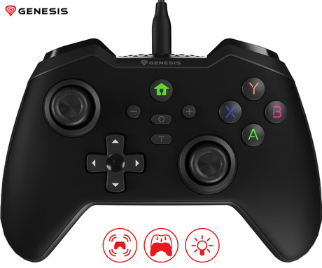 GENESIS MANGAN 300 žični igralni plošček / gamepad, 19 gumbov, vibriranje, LED osvetlitev, Windows / Android / Nintendo / Asus / Steam, USB Type-C, + prednja plošča, + torbica, črn (Onyx Black)