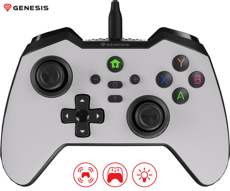 GENESIS MANGAN 300 žični igralni plošček / gamepad, 19 gumbov, vibriranje, LED osvetlitev, Windows / Android / Nintendo / Asus / Steam, USB Type-C, + prednja plošča, + torbica, bel (Howlite White)