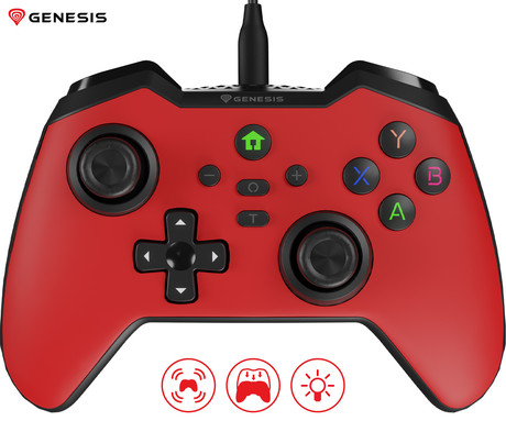 GENESIS MANGAN 300 žični igralni plošček / gamepad, 19 gumbov, vibriranje, LED osvetlitev, Windows / Android / Nintendo / Asus / Steam, USB Type-C, + prednja plošča, + torbica, rdeč (Genesis Red)