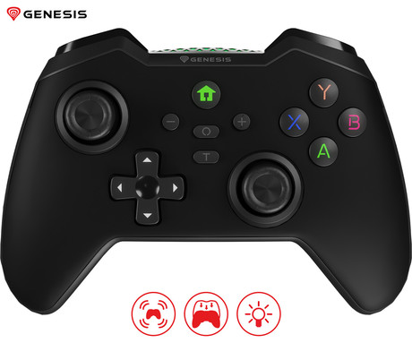 GENESIS MANGAN 400 brezžični igralni plošček / gamepad, 19 gumbov, vibriranje, Bluetooth, LED, Windows / Android / iOS / Nintendo, baterija, + prednja plošča, + torbica, črn (Onyx Black)