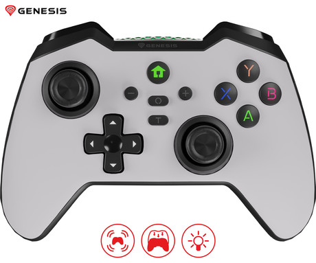 GENESIS MANGAN 400 brezžični igralni plošček / gamepad, 19 gumbov, vibriranje, Bluetooth, LED, Windows / Android / iOS / Nintendo, baterija, + prednja plošča, + torbica, bel (Howlite White)