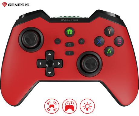 GENESIS MANGAN 400 brezžični igralni plošček / gamepad, 19 gumbov, vibriranje, Bluetooth, LED, Windows / Android / iOS / Nintendo, baterija, + prednja plošča, + torbica, rdeč (Genesis Red)