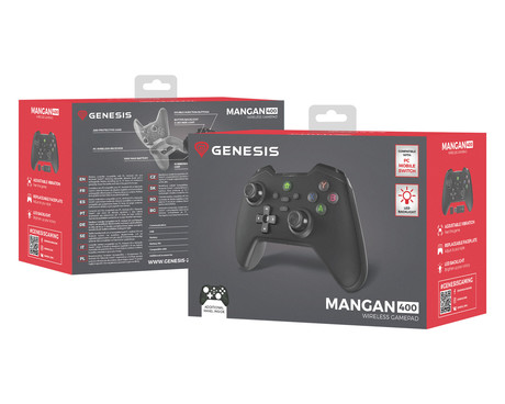 GENESIS MANGAN 400 brezžični igralni plošček / gamepad, 19 gumbov, vibriranje, Bluetooth, LED, Windows / Android / iOS / Nintendo, baterija, + prednja plošča, + torbica, črn (Onyx Black)