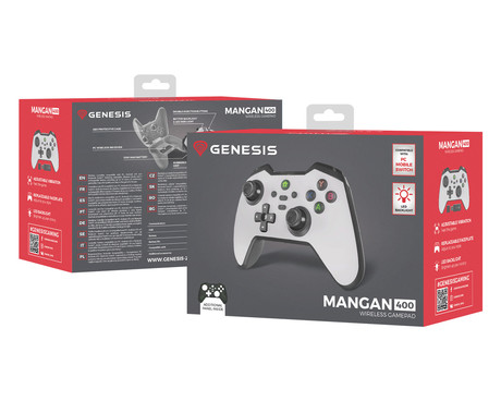 GENESIS MANGAN 400 brezžični igralni plošček / gamepad, 19 gumbov, vibriranje, Bluetooth, LED, Windows / Android / iOS / Nintendo, baterija, + prednja plošča, + torbica, bel (Howlite White)