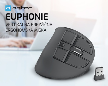 Natec EUPHONIE vertikalna brezžična miška, 2400DPI, ergonomska, Bluetooth / USB 2.4GHz, 9 gumbov, polnilna baterija, OLED zaslon, črna