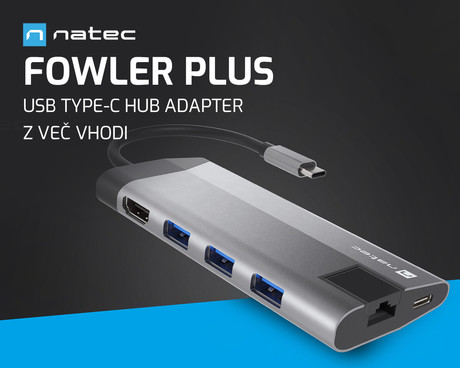 Natec FOWLER PLUS adapter USB hub, 3x USB-A 3.0, 1x HDMI, 1x Ethernet RJ-45, 1x USB-C, 1x SD/microSD, max 4K UHD, 5 GB/s, Plug&Play, Power Delivery 3.0, 100W, siv