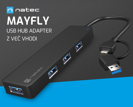 Natec MAYFLY adapter USB hub, 4x USB-A 3.0, USB-C ali USB-A konektor, 5 GB/s, Plug&Play, črn