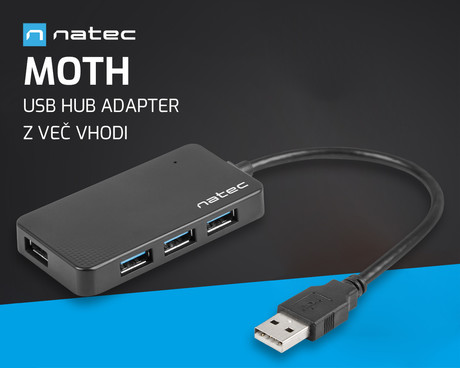 Natec MOTH adapter USB hub, 4x USB-A 3.0, 5GB/s, Plug&Play, črn