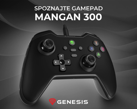 GENESIS MANGAN 300 žični igralni plošček / gamepad, 19 gumbov, vibriranje, LED osvetlitev, Windows / Android / Nintendo / Asus / Steam, USB Type-C, + prednja plošča, + torbica, črn (Onyx Black)