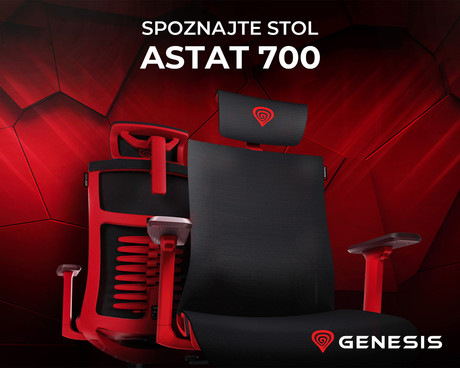 GENESIS ASTAT 700 gaming / pisarniški stol, ergonomski, tehnologija PureFlowPLUS™, konstrukcija ExoBase™, kolesa CareGlide™, nastavljiva višina / naklon, črn-rdeč