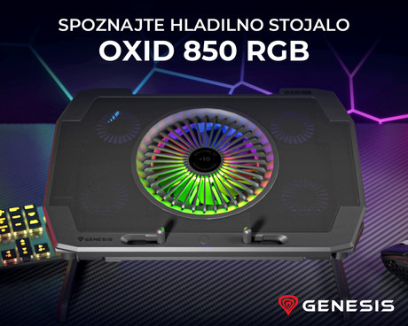 GENESIS OXID 850 RGB hladilno stojalo / podstavek za prenosnike do 17.3'', 6 naklonov, RGB LED osvetlitev, 5 ventilatorjev, črno