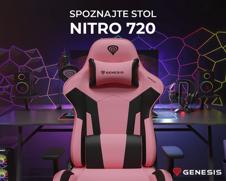 GENESIS NITRO 720 gaming stol, ergonomski, nastavljiva višina / naklon, 3D nasloni za roke, kolesa CareGlide™, roza črn