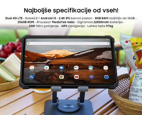 Blackview TAB ACTIVE 8 PRO robusten tablični računalnik, 10.36", 4G-LTE, 8GB+256GB, IPS 2.4K, Android 13, WiFi, Bluetooth, GPS, priložen pas in pisalo, rugged, črn (Onyx Black)