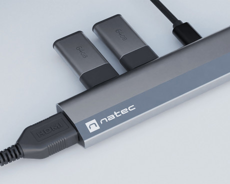 Natec FOWLER SLIM adapter USB hub, 2x USB-A 3.0, 1x HDMI, 1x USB-C, max 4K UHD, 5GB/s, Plug&Play, Power Delivery 3.0, 100W, siv