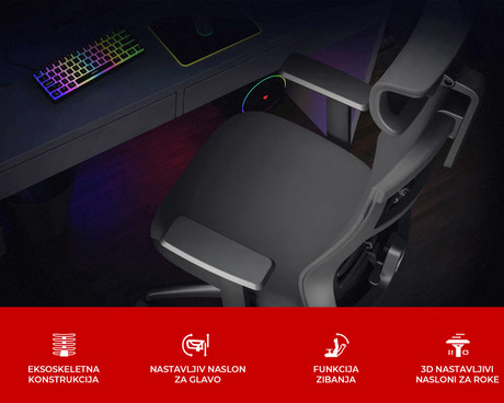 GENESIS ASTAT 200 gaming / pisarniški stol, ergonomski, tehnologija PureFlow™, konstrukcija ExoBase™, CareGlide™, nastavljiva višina / naklon, črn