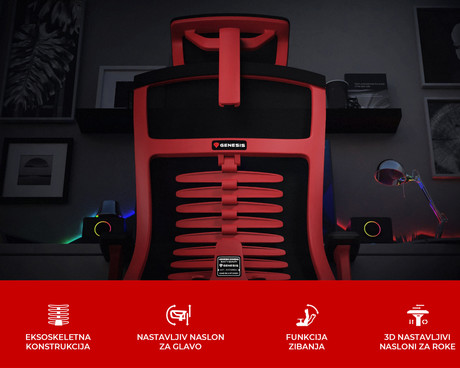 GENESIS ASTAT 700 gaming / pisarniški stol, ergonomski, tehnologija PureFlowPLUS™, konstrukcija ExoBase™, kolesa CareGlide™, nastavljiva višina / naklon, črn-rdeč