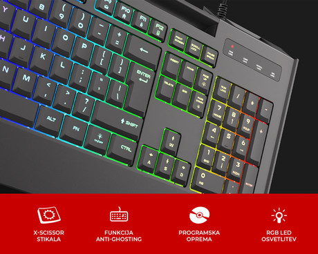 GENESIS LITH 400 RGB gaming tipkovnica, X-Scissor stikala, RGB LED osvetlitev, Anti-Ghosting, F1 - F12, aplikacija, črna