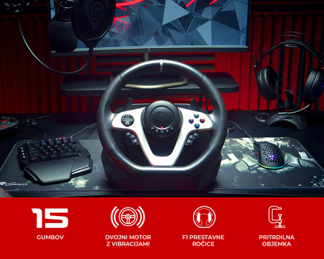 GENESIS SEABORG 400 gaming volan, PC/PS4/PS3/Nintendo Switch/XBOX One/XBOX 360, vibriranje, F1 prestave, nastavljivo vrtenje