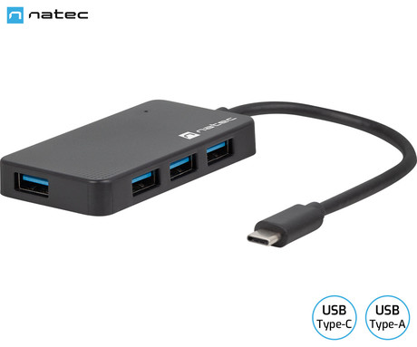 Natec SILKWORM adapter USB hub, 4x USB-A 3.0, 1x USB-C 3.0, 5GB/s, Plug&Play, črn