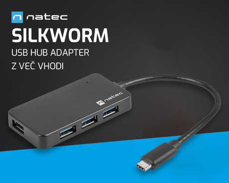 Natec SILKWORM adapter USB hub, 4x USB-A 3.0, 1x USB-C 3.0, 5GB/s, Plug&Play, črn