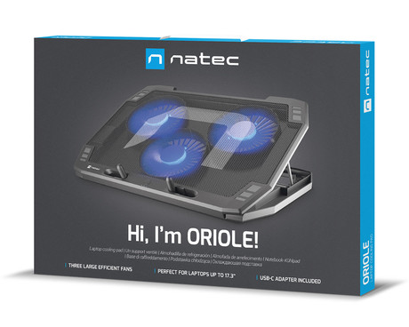 Natec ORIOLE hladilno stojalo za prenosnike, do 17.3", 7 stopenj naklona, 3x 120mm ventilator, nastavljiva hitrost, LED osvetlitev, 2x USB Type-A, črno Natec ORIOLE hladilno stojalo za prenosnike, do 17.3", 7 stopenj naklona, 3x 120mm ventilator, nastavljiva hitrost, LED osvetlitev, 2x USB Type-A, črno