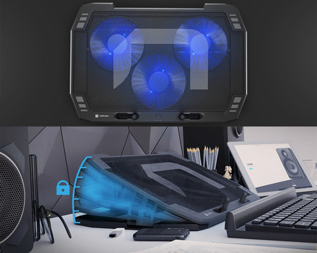 Natec ORIOLE hladilno stojalo za prenosnike, do 17.3", 7 stopenj naklona, 3x 120mm ventilator, nastavljiva hitrost, LED osvetlitev, 2x USB Type-A, črno Natec ORIOLE hladilno stojalo za prenosnike, do 17.3", 7 stopenj naklona, 3x 120mm ventilator, nastavljiva hitrost, LED osvetlitev, 2x USB Type-A, črno