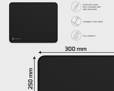 Natec COLORS M podloga za miško, 300x250mm, vodoodporna, gladka površina, protizdrsna podlaga, prešiti robovi, črna (Obsidian Black)