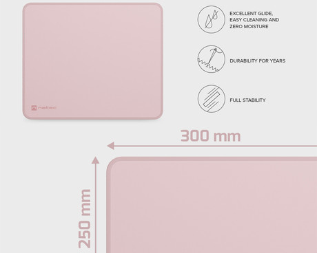 Natec COLORS M podloga za miško, 300x250mm, vodoodporna, gladka površina, protizdrsna podlaga, prešiti robovi, roza (Misty Rose)
