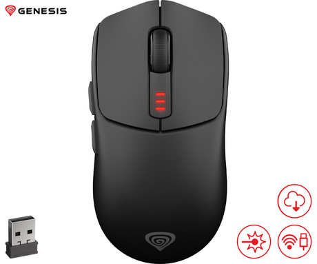 GENESIS ZIRCON 500 brezžična miška, gaming / pisarniška, 10.000DPI, Bluetooth 5.0 / USB 2.4GHz / USB Type-C, 6 gumbov, polnilna baterija, spomin, programska oprema, Plug & Play, črna (Onyx Black)