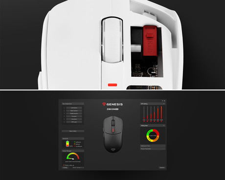 GENESIS ZIRCON 500 brezžična miška, gaming / pisarniška, 10.000DPI, Bluetooth 5.0 / USB 2.4GHz / USB Type-C, 6 gumbov, polnilna baterija, spomin, programska oprema, Plug & Play, bela (Howlite White)