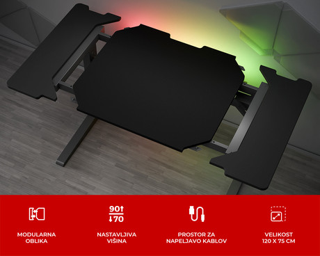 GENESIS HOLM MODULAR 120 pisarniška / gaming miza, modularna, robustna konstrukcija, nastavljiva višina, RGB LED osvetlitev, napeljava kablov, 2x držalo, 120x75cm, črna GENESIS HOLM MODULAR 120 pisarniška / gaming miza, modularna, robustna konstrukcija, nastavljiva višina, RGB LED osvetlitev, napeljava kablov, 2x držalo, 120x75cm, črna